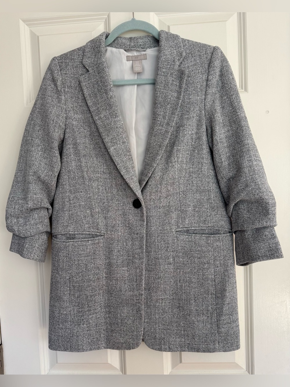 H&M grey melange gathered 3/4 sleeves single button blazer jacket women’s XS